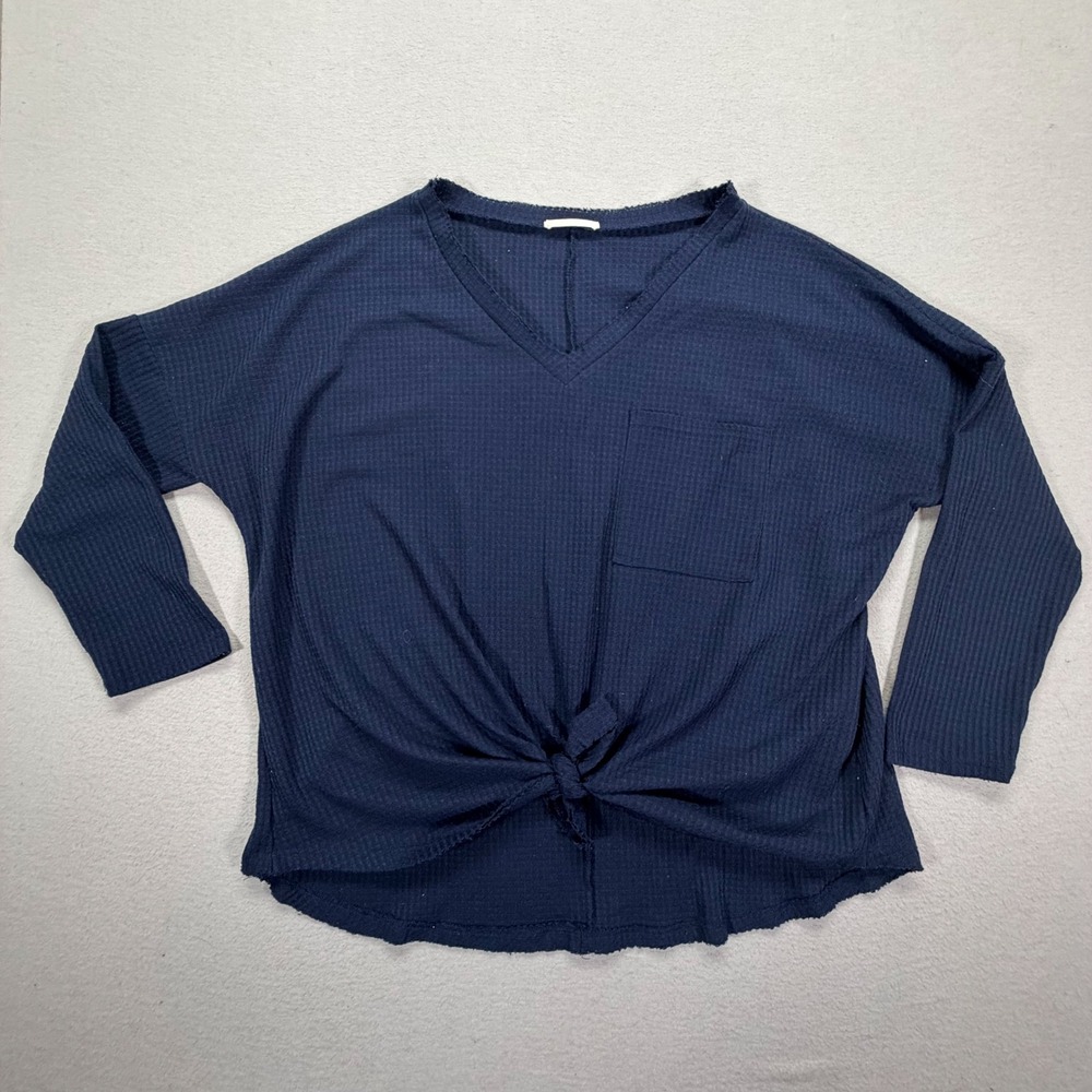 Entro Waffle Knit Top Womens‎ Medium Navy Blue Tie Front V-Neck Thermal Pocket
